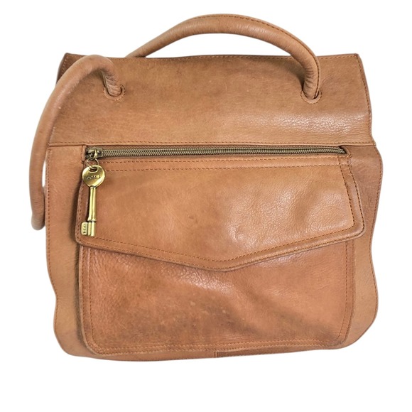 Vintage 1954 Fossil 75082 Brown Classic Leather Handbag Shoulder Purse Brass Key - Picture 1 of 16